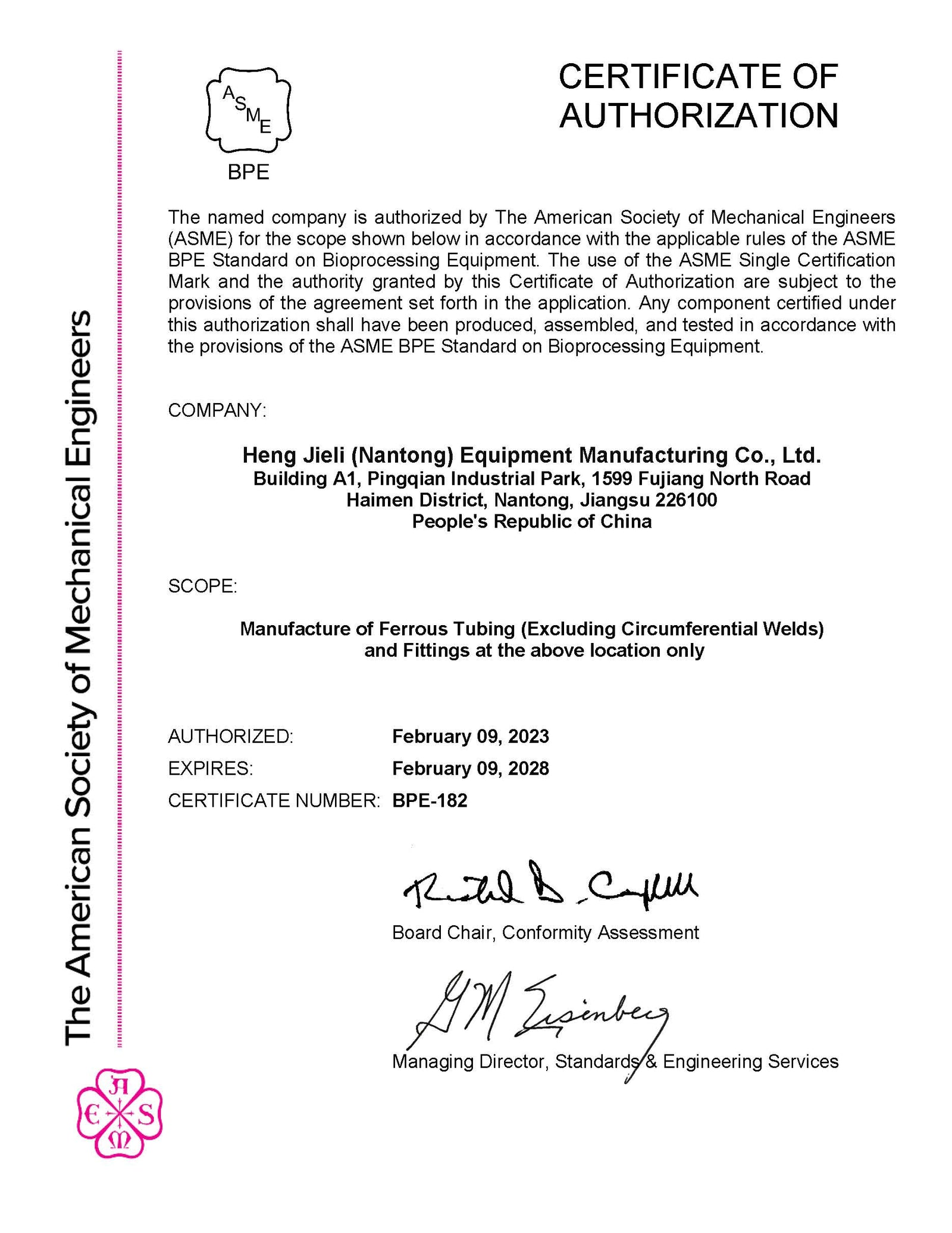 What is the ASME BPE Certificate?