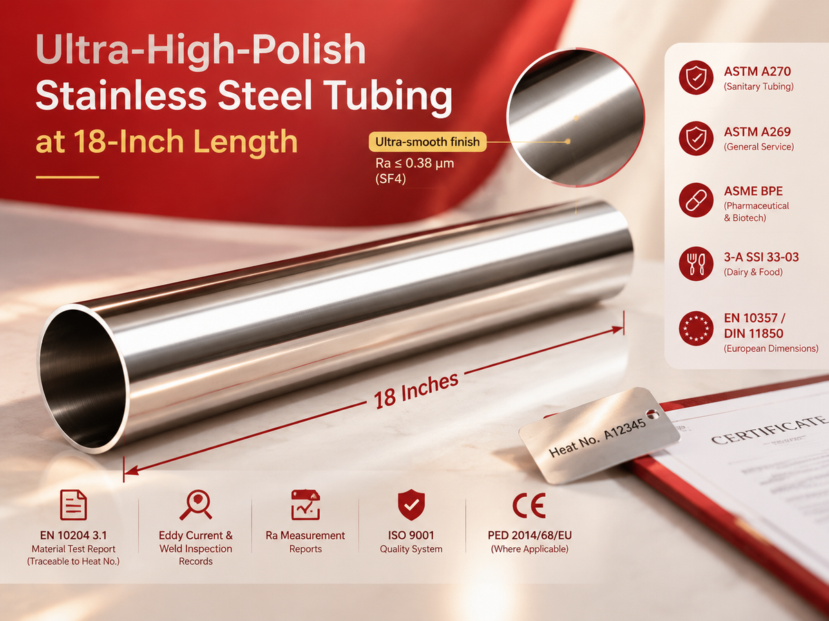Ultra-High-Polish Stainless Steel Tubing at 18-Inch Length Certification